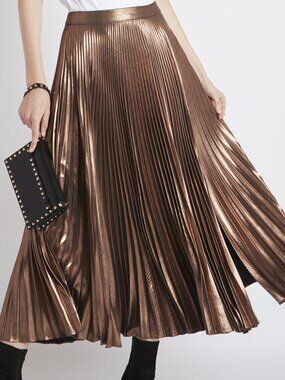 A.L.C Rose Gold Bobby Pleated Lame' Midi Skirt, US 0